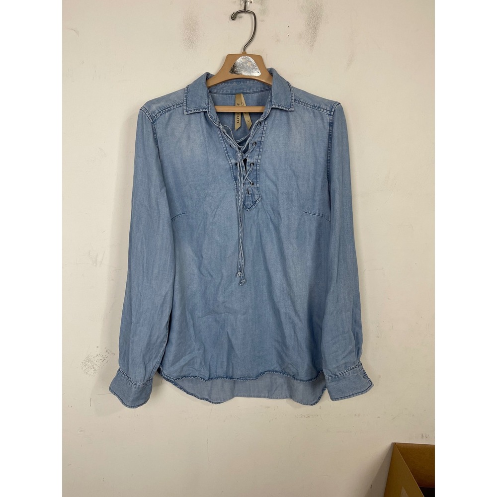 Liverpool Los Angeles Womens Blue Lyocell Lace Up V-Neck Blouse Top Size L